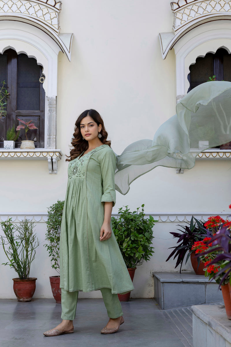 EthniFlair Yoke Design V-Neck Pleated Kurta With Trousers & Dupatta