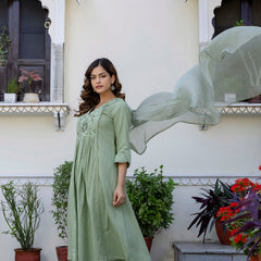 EthniFlair Yoke Design V-Neck Pleated Kurta With Trousers & Dupatta