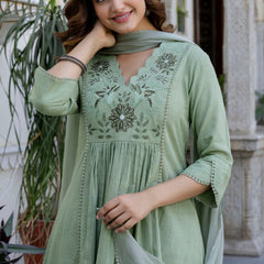EthniFlair Yoke Design V-Neck Pleated Kurta With Trousers & Dupatta