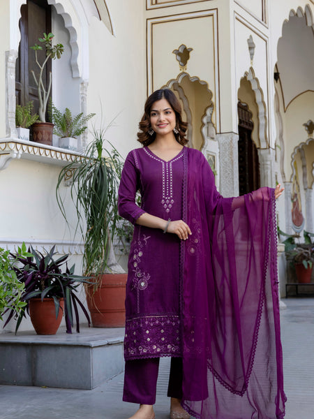 EthniFlair Ethnic Motifs Embroidered Kurta with Trousers & Dupatta