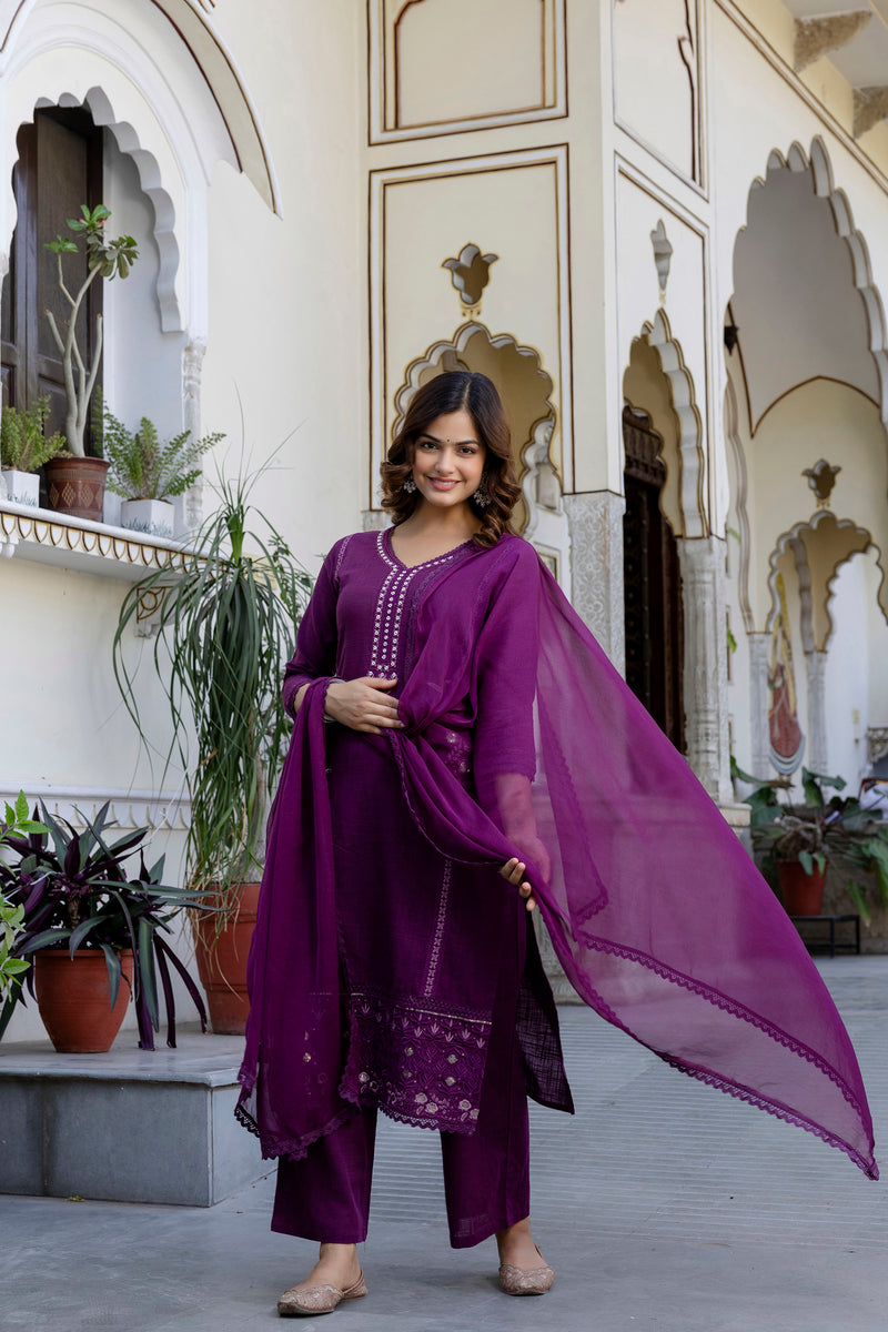 EthniFlair Ethnic Motifs Embroidered Kurta with Trousers & Dupatta