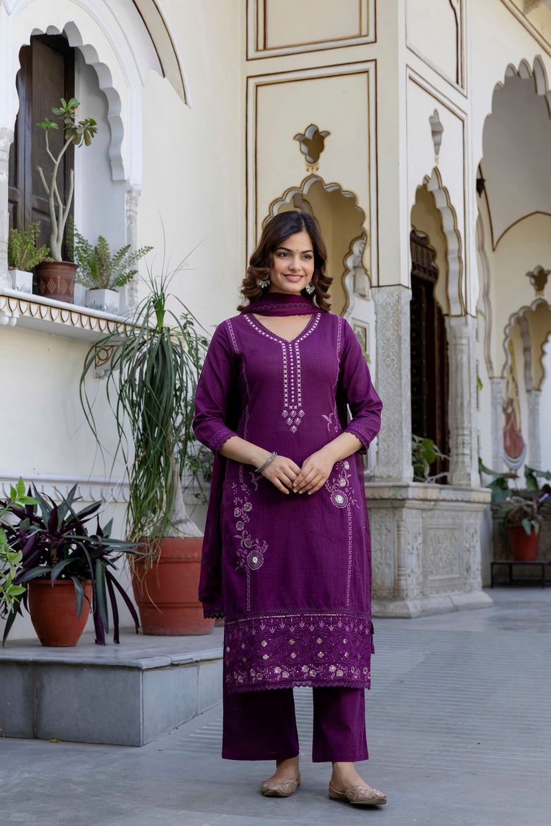 EthniFlair Ethnic Motifs Embroidered Kurta with Trousers & Dupatta