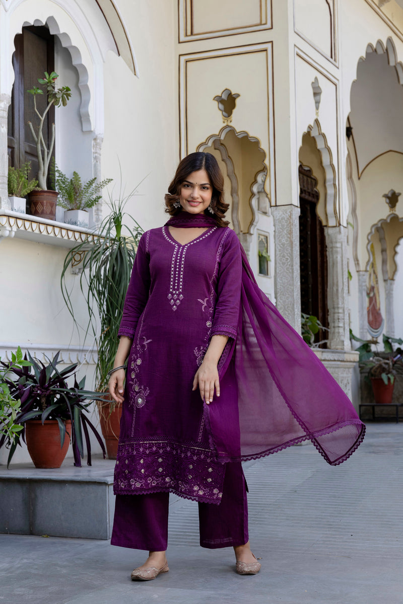 EthniFlair Ethnic Motifs Embroidered Kurta with Trousers & Dupatta