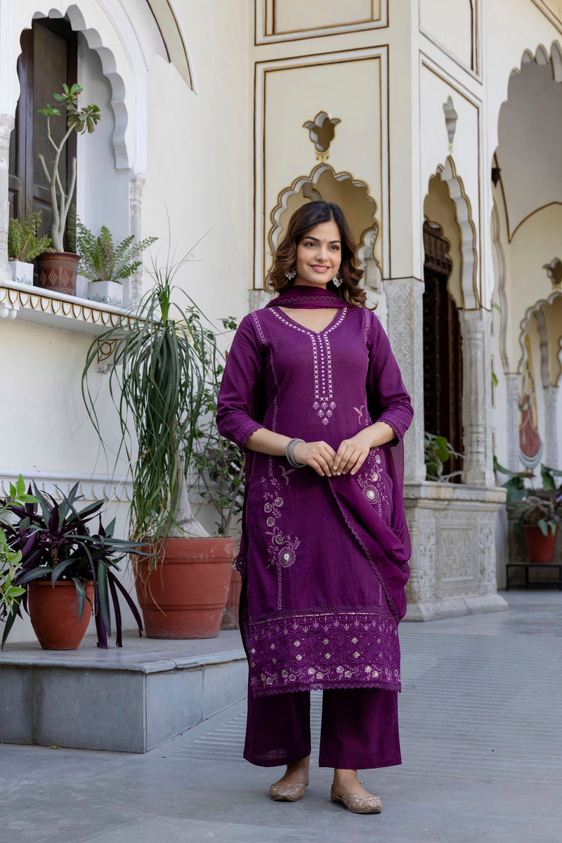 EthniFlair Ethnic Motifs Embroidered Kurta with Trousers & Dupatta