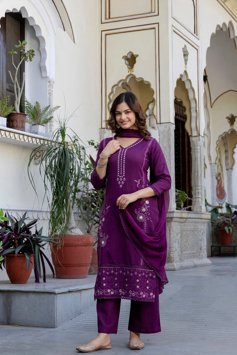 EthniFlair Ethnic Motifs Embroidered Kurta with Trousers & Dupatta