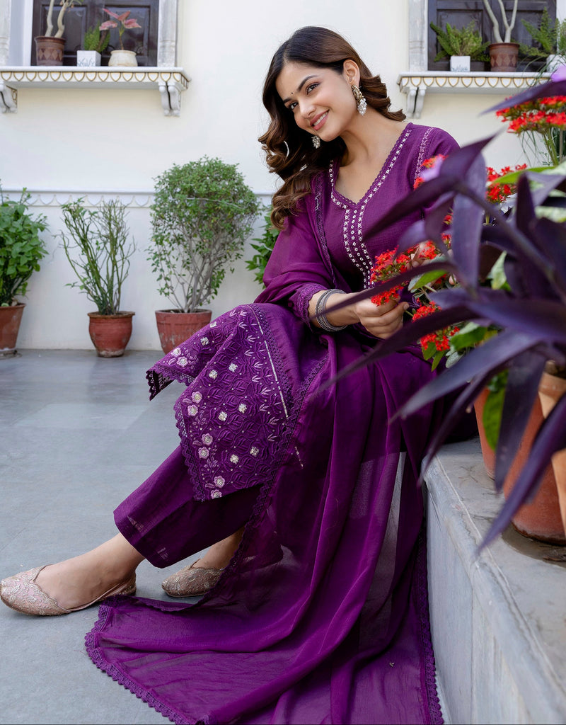 EthniFlair Ethnic Motifs Embroidered Kurta with Trousers & Dupatta