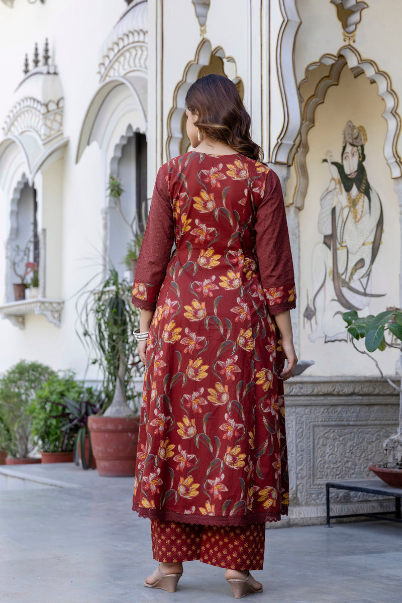 EthniFlair Floral Embroidered Schiffli Kurta with Palazzos & Dupatta