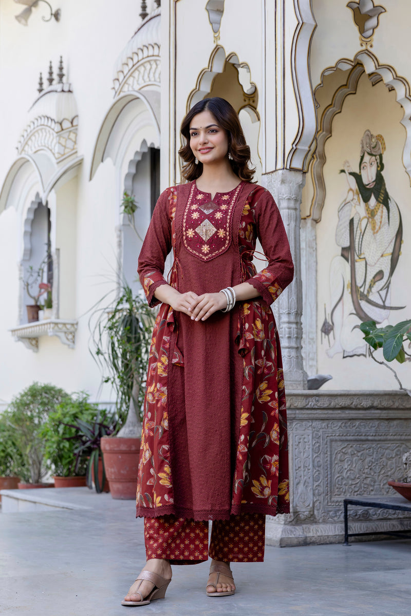 EthniFlair Floral Embroidered Schiffli Kurta with Palazzos & Dupatta