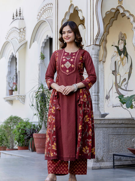 EthniFlair Floral Embroidered Schiffli Kurta with Palazzos & Dupatta