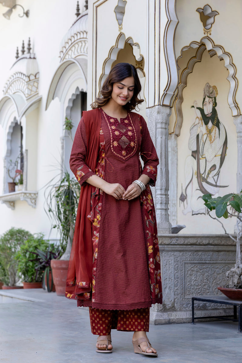 EthniFlair Floral Embroidered Schiffli Kurta with Palazzos & Dupatta