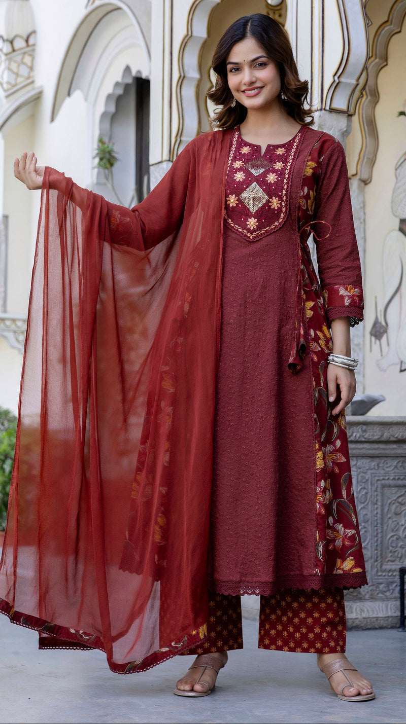EthniFlair Floral Embroidered Schiffli Kurta with Palazzos & Dupatta