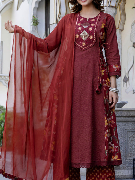 EthniFlair Floral Embroidered Schiffli Kurta with Palazzos & Dupatta