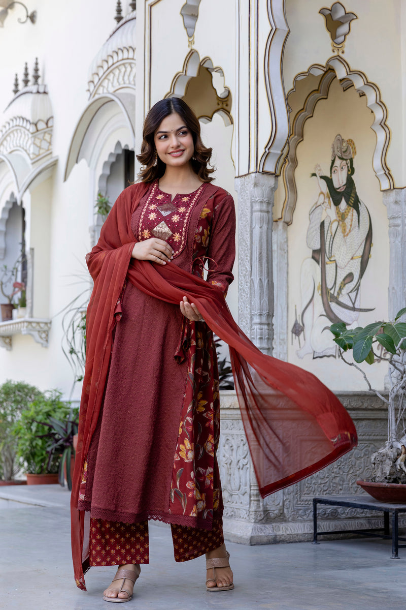 EthniFlair Floral Embroidered Schiffli Kurta with Palazzos & Dupatta