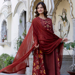 EthniFlair Floral Embroidered Schiffli Kurta with Palazzos & Dupatta