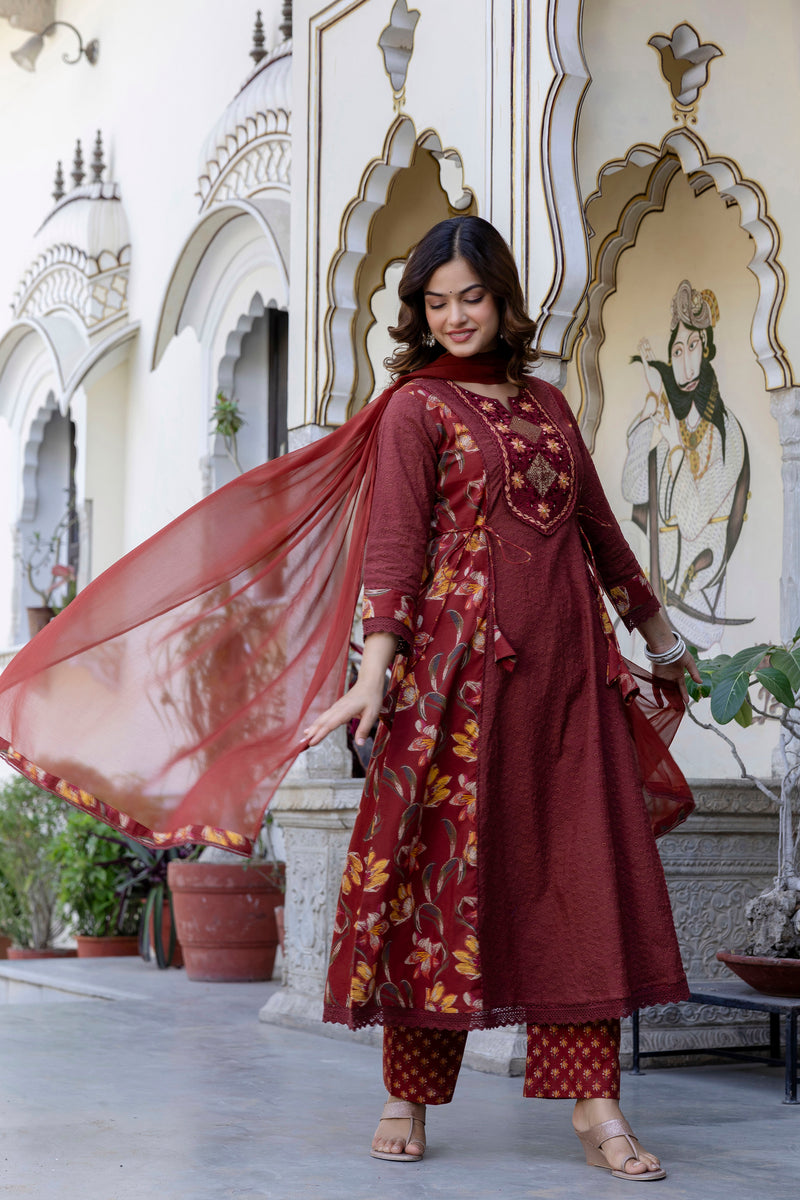 EthniFlair Floral Embroidered Schiffli Kurta with Palazzos & Dupatta