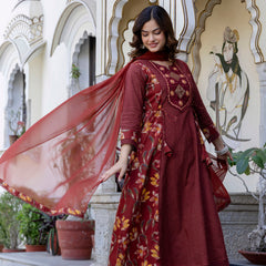 EthniFlair Floral Embroidered Schiffli Kurta with Palazzos & Dupatta