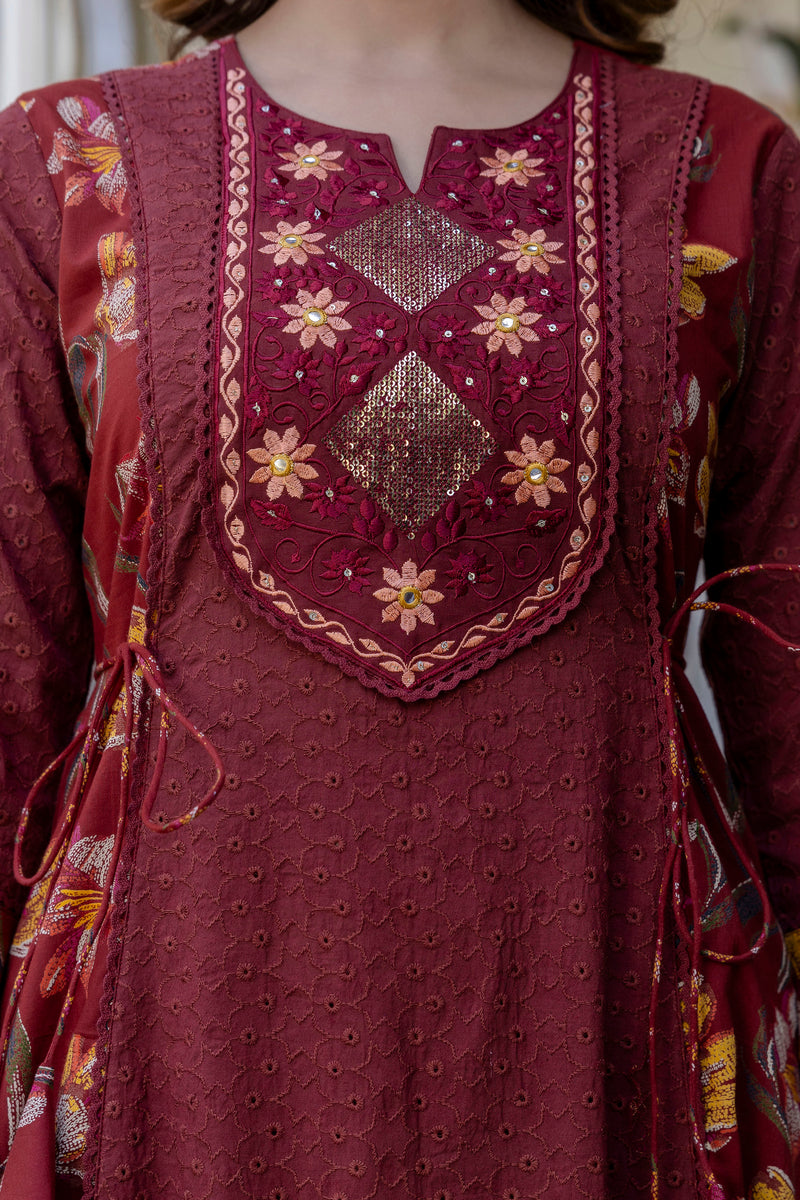 EthniFlair Floral Embroidered Schiffli Kurta with Palazzos & Dupatta