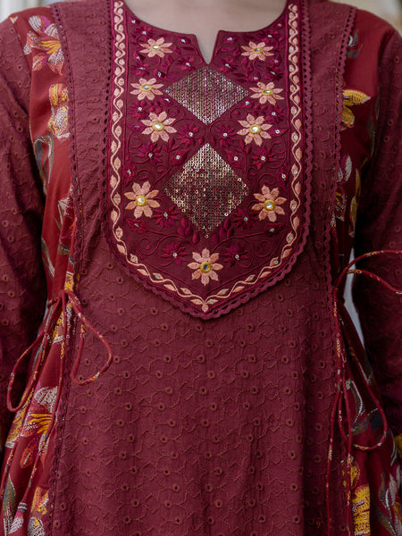 EthniFlair Floral Embroidered Schiffli Kurta with Palazzos & Dupatta