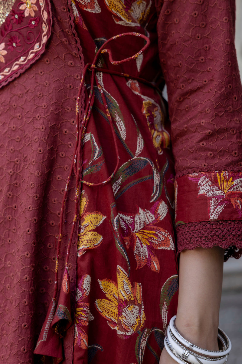 EthniFlair Floral Embroidered Schiffli Kurta with Palazzos & Dupatta