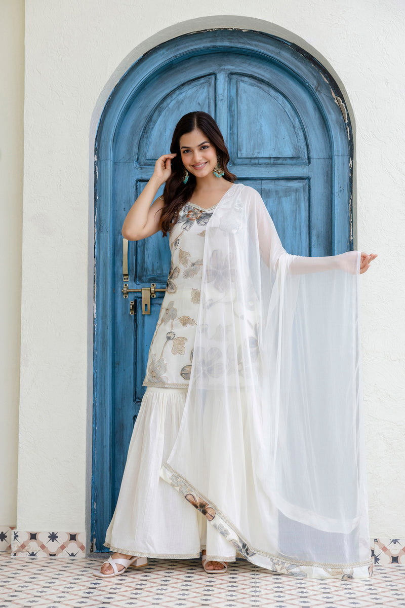 EthniFlair Floral Printed Gotta Patti Kurti with Sharara & Dupatta