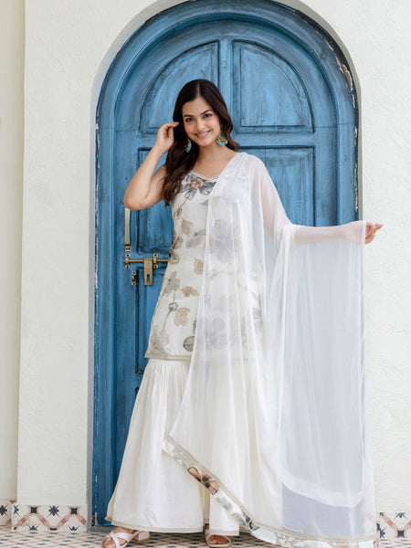 EthniFlair Floral Printed Gotta Patti Kurti with Sharara & Dupatta