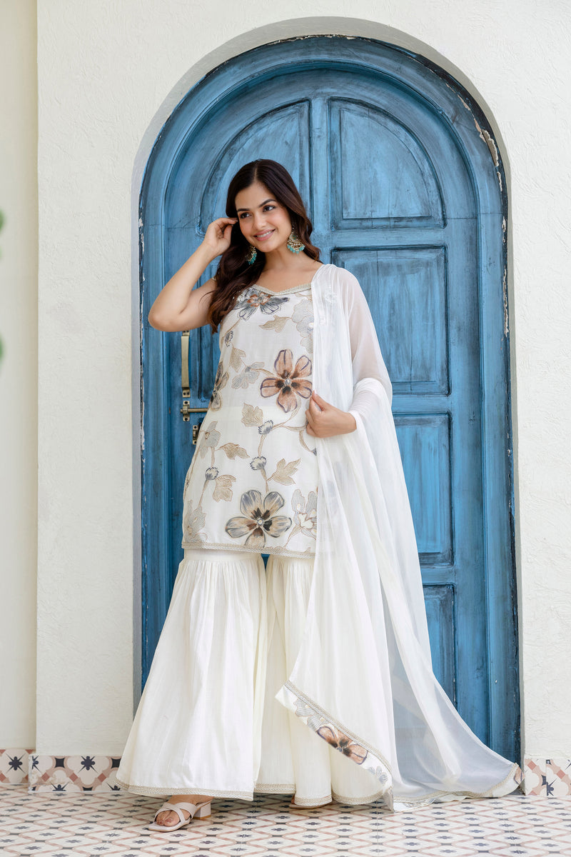 EthniFlair Floral Printed Gotta Patti Kurti with Sharara & Dupatta