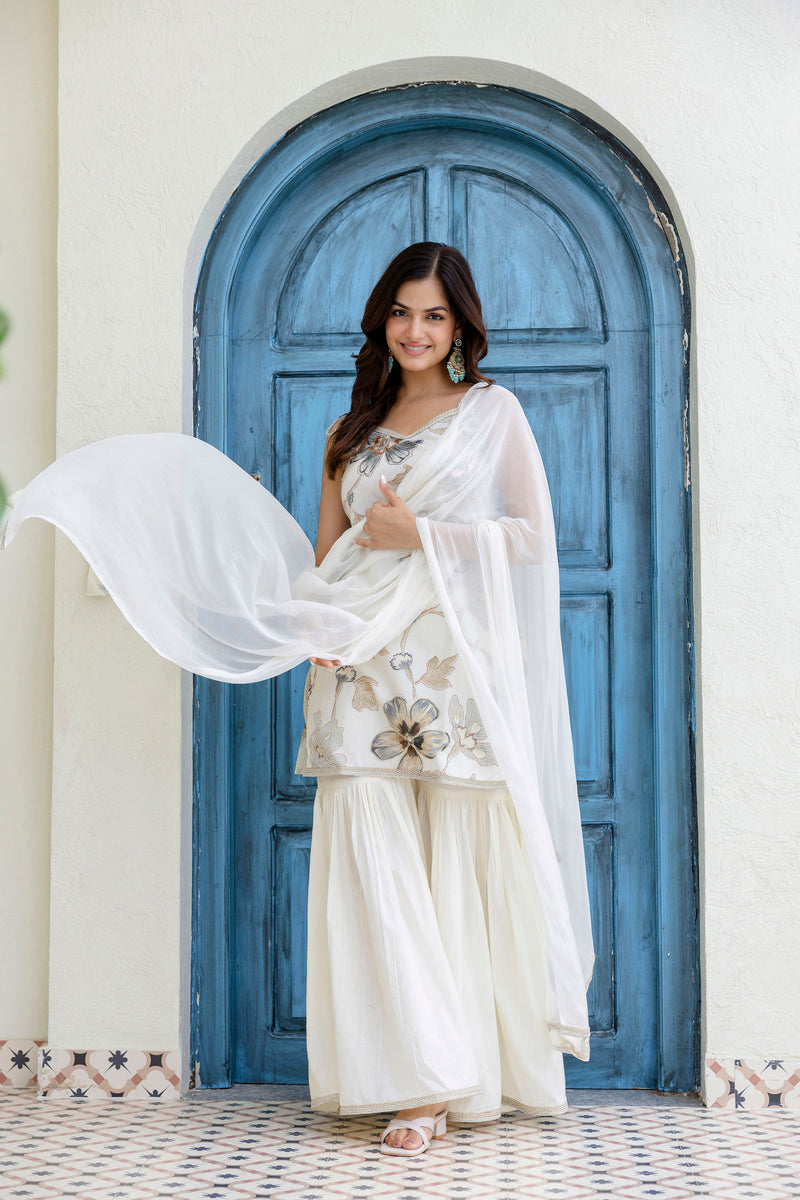 EthniFlair Floral Printed Gotta Patti Kurti with Sharara & Dupatta