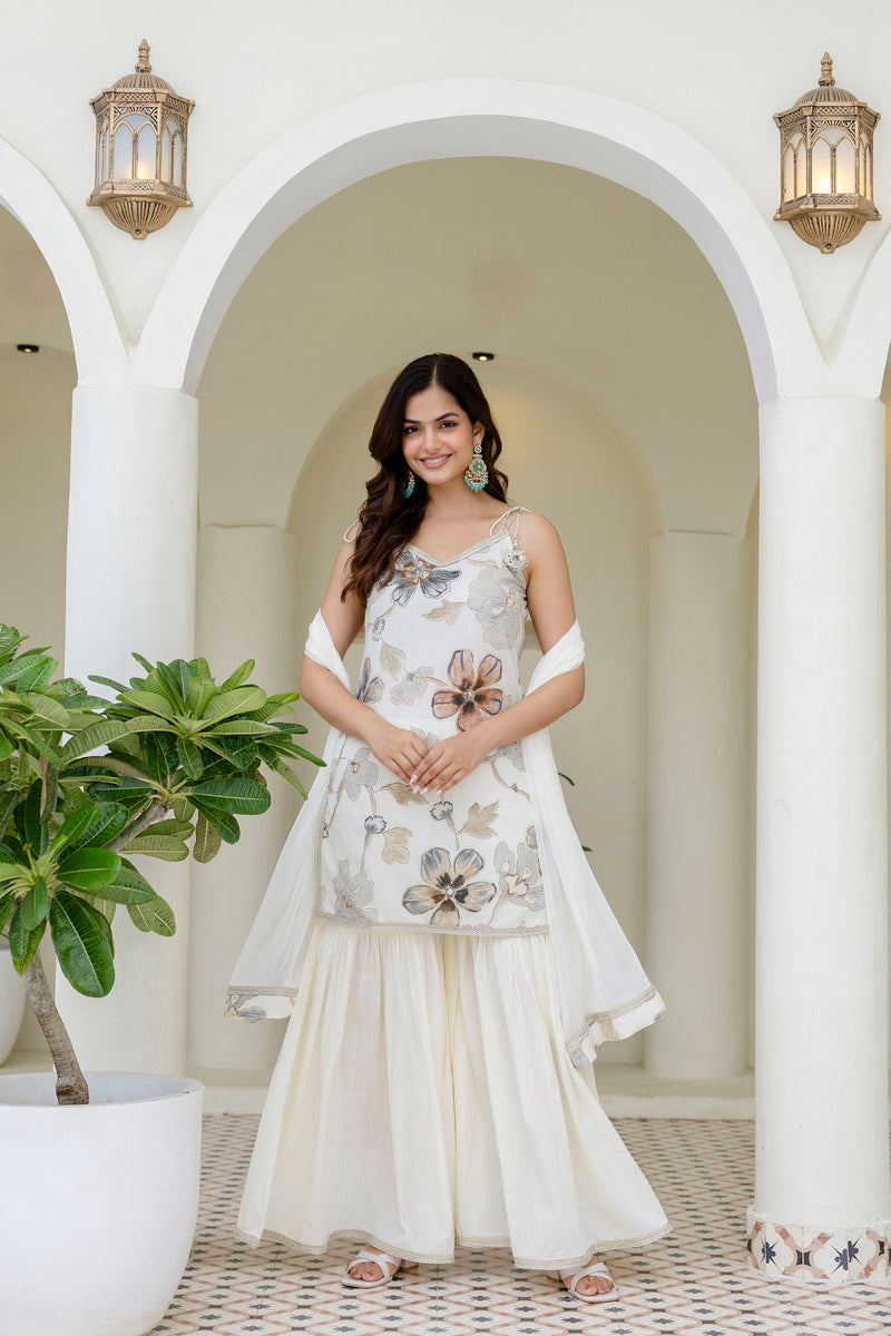 EthniFlair Floral Printed Gotta Patti Kurti with Sharara & Dupatta