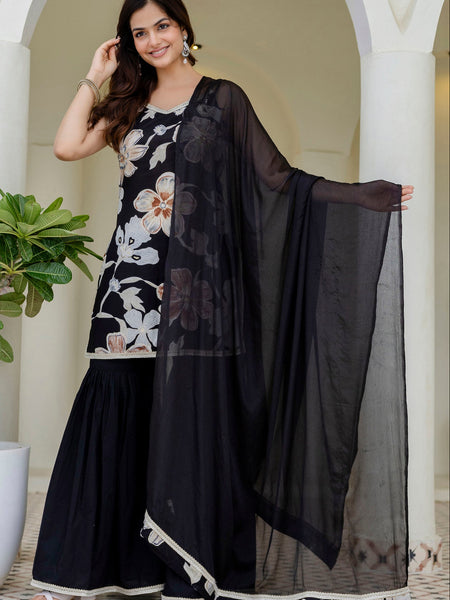 EthniFlair Floral Printed Gotta Patti Kurti with Sharara & Dupatta