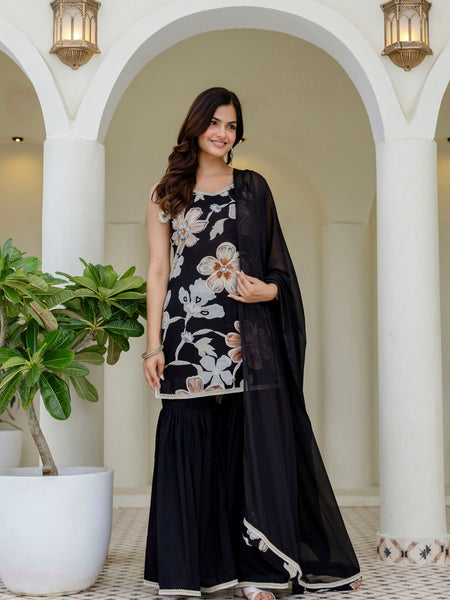 EthniFlair Floral Printed Gotta Patti Kurti with Sharara & Dupatta