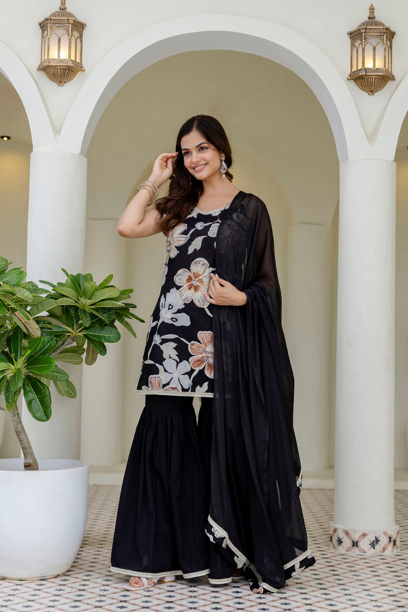 EthniFlair Floral Printed Gotta Patti Kurti with Sharara & Dupatta