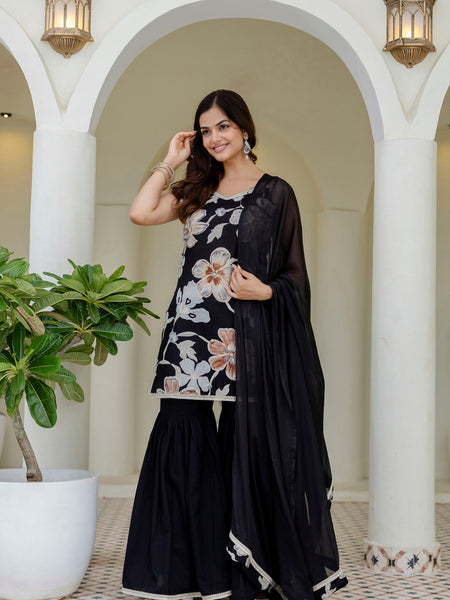 EthniFlair Floral Printed Gotta Patti Kurti with Sharara & Dupatta