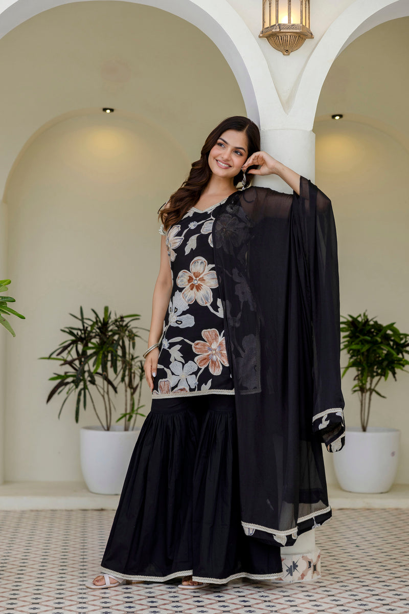 EthniFlair Floral Printed Gotta Patti Kurti with Sharara & Dupatta