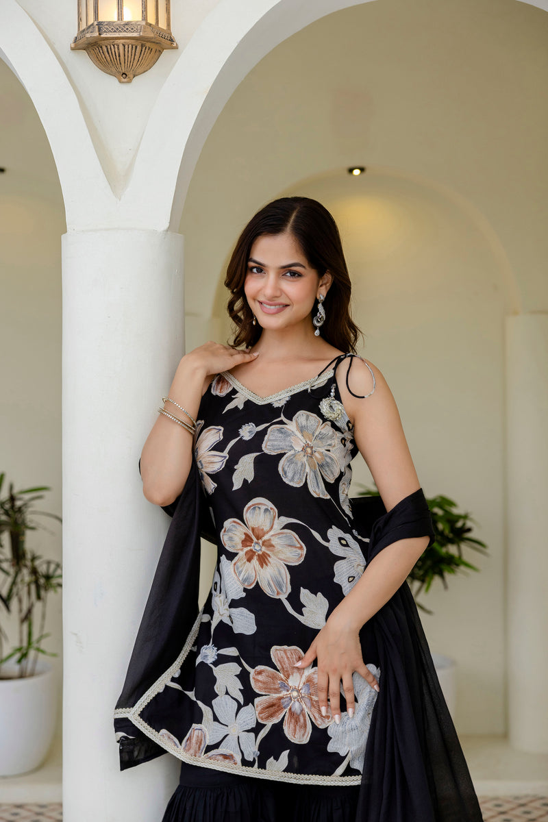 EthniFlair Floral Printed Gotta Patti Kurti with Sharara & Dupatta