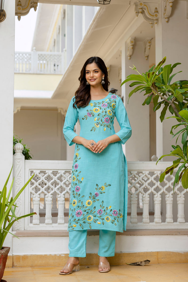 EthniFlair Floral Printed Aari Work Kurta with Pyjamas & Dupatta