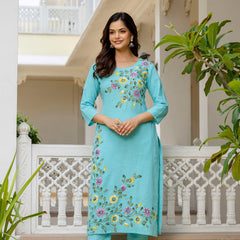 EthniFlair Floral Printed Aari Work Kurta with Pyjamas & Dupatta