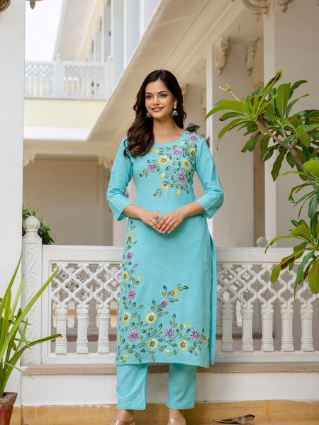 EthniFlair Floral Printed Aari Work Kurta with Pyjamas & Dupatta