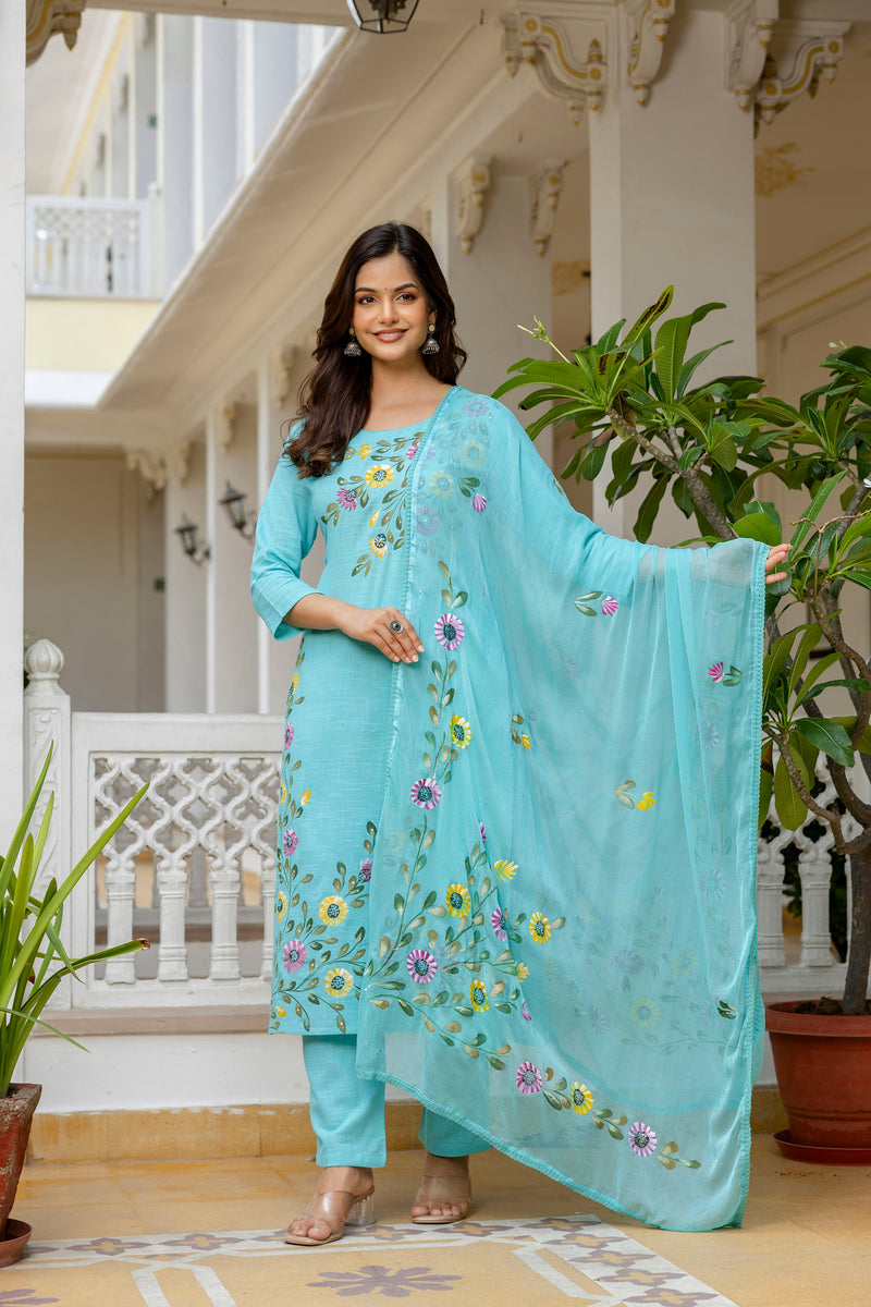 EthniFlair Floral Printed Aari Work Kurta with Pyjamas & Dupatta