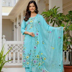 EthniFlair Floral Printed Aari Work Kurta with Pyjamas & Dupatta
