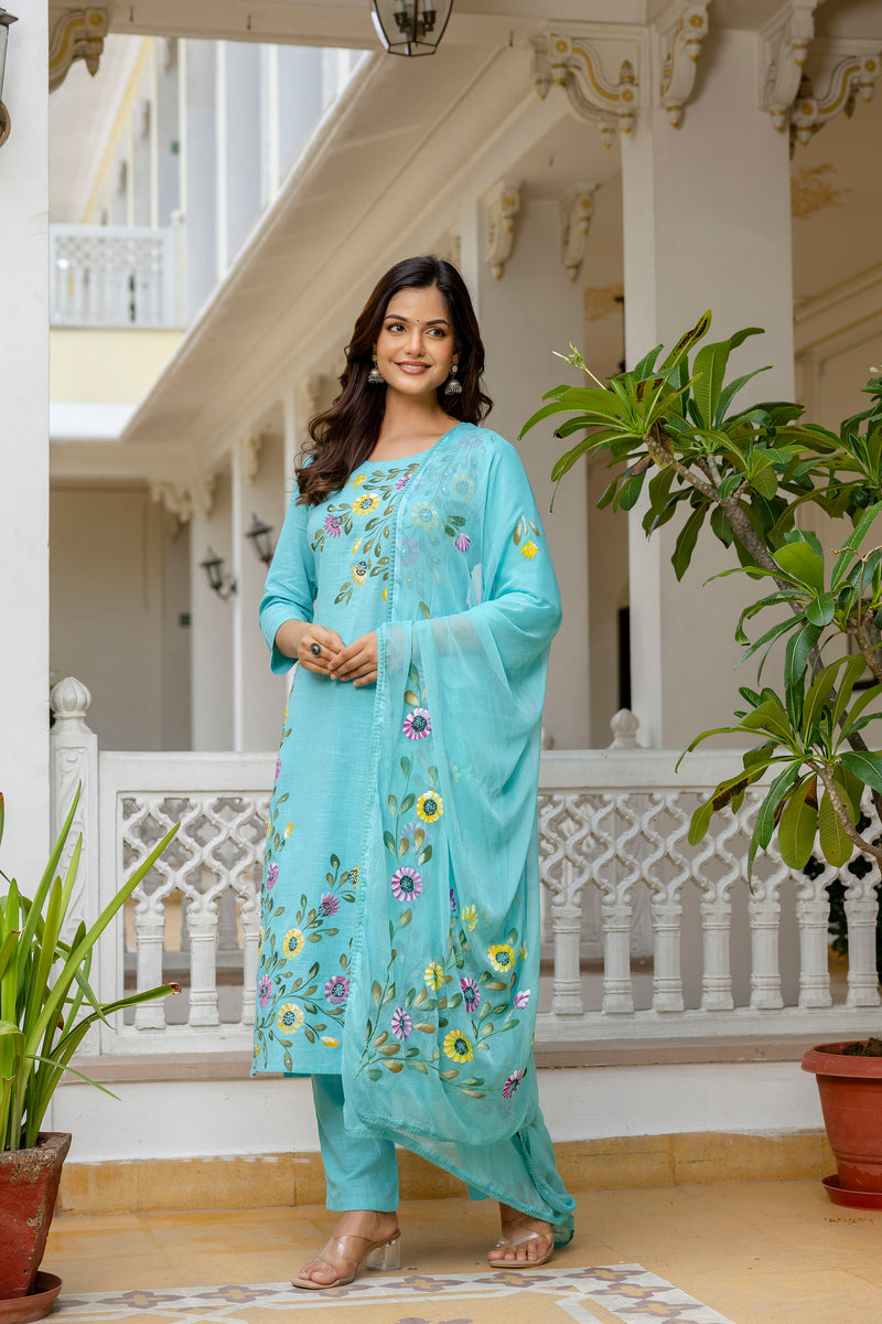 EthniFlair Floral Printed Aari Work Kurta with Pyjamas & Dupatta