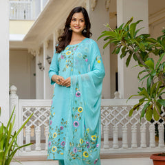 EthniFlair Floral Printed Aari Work Kurta with Pyjamas & Dupatta