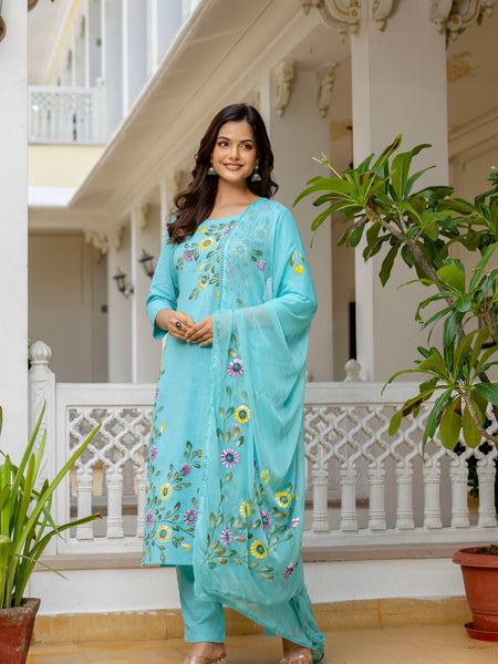EthniFlair Floral Printed Aari Work Kurta with Pyjamas & Dupatta