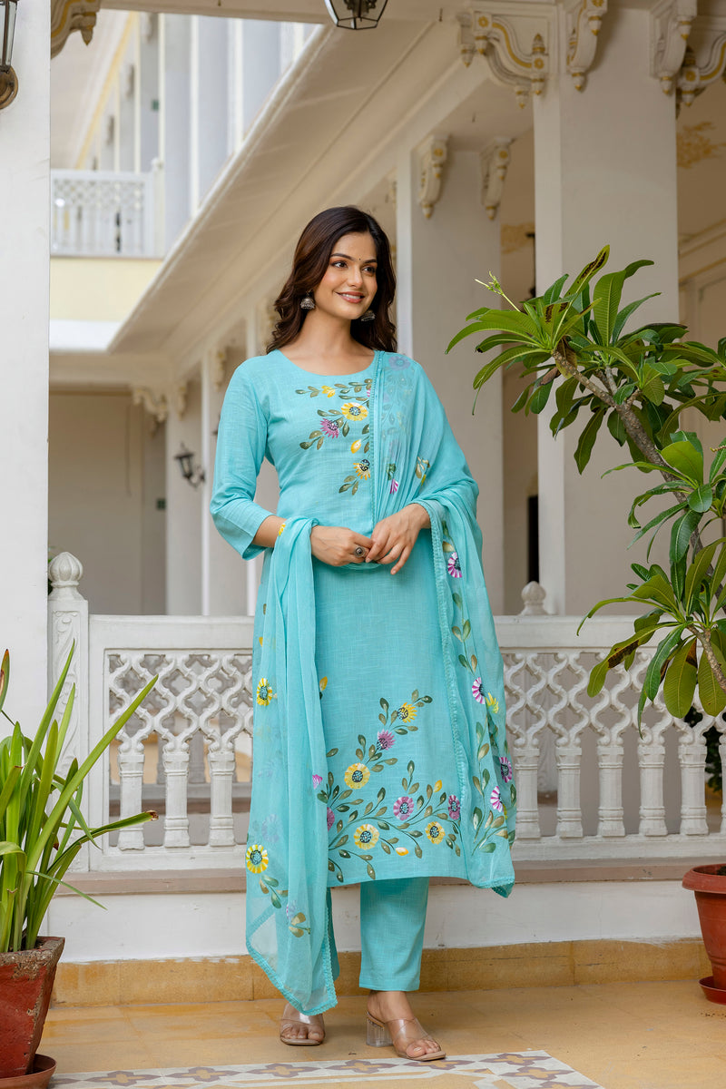EthniFlair Floral Printed Aari Work Kurta with Pyjamas & Dupatta