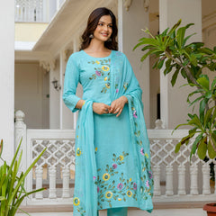 EthniFlair Floral Printed Aari Work Kurta with Pyjamas & Dupatta