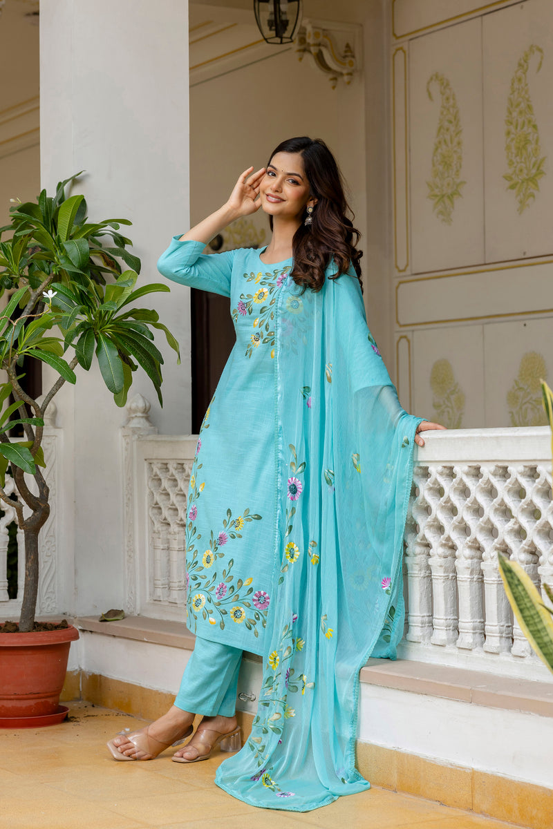 EthniFlair Floral Printed Aari Work Kurta with Pyjamas & Dupatta