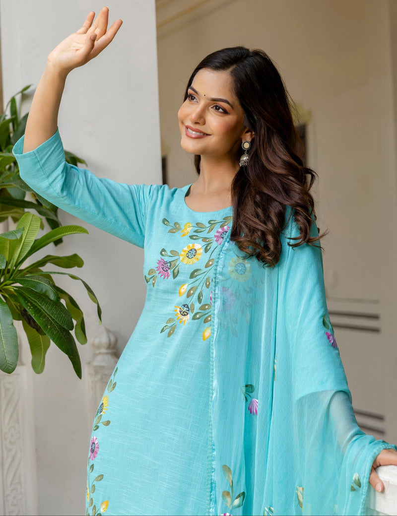 EthniFlair Floral Printed Aari Work Kurta with Pyjamas & Dupatta