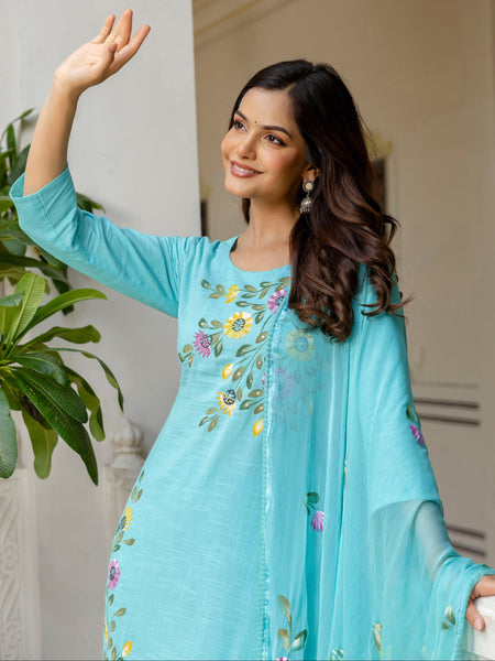 EthniFlair Floral Printed Aari Work Kurta with Pyjamas & Dupatta