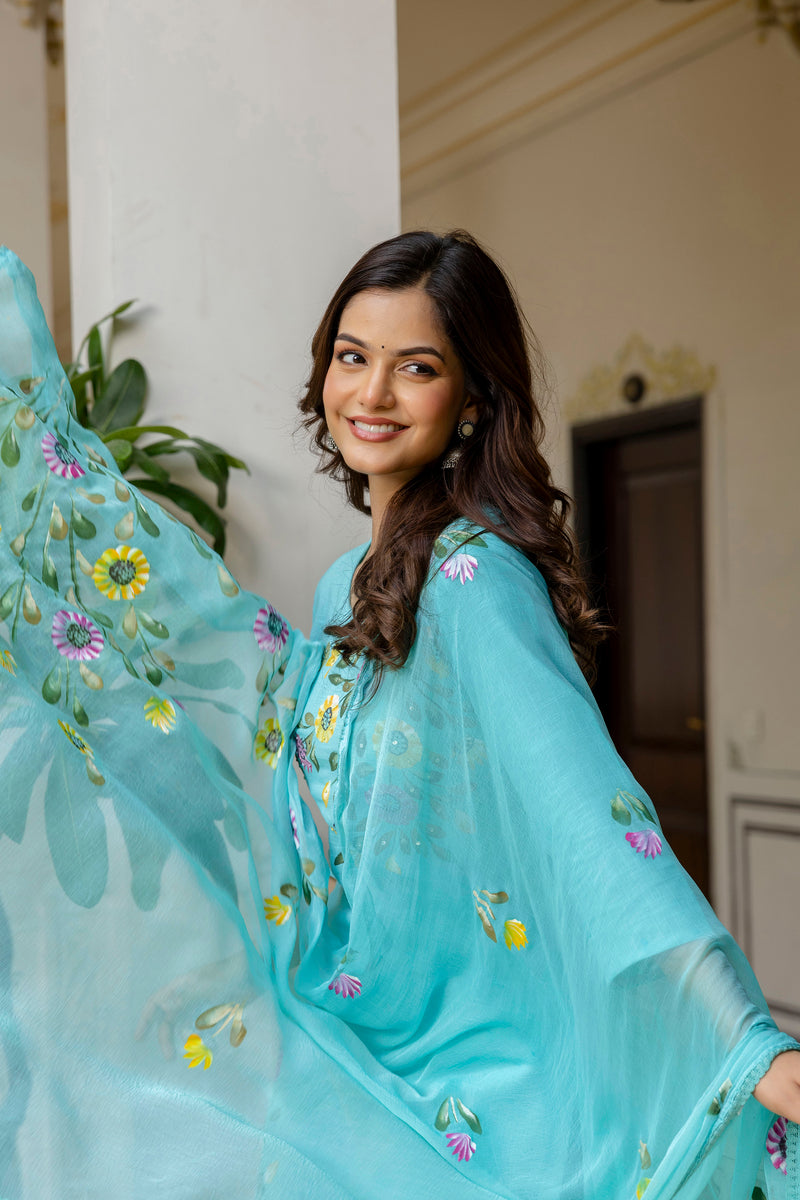 EthniFlair Floral Printed Aari Work Kurta with Pyjamas & Dupatta