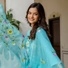 EthniFlair Floral Printed Aari Work Kurta with Pyjamas & Dupatta