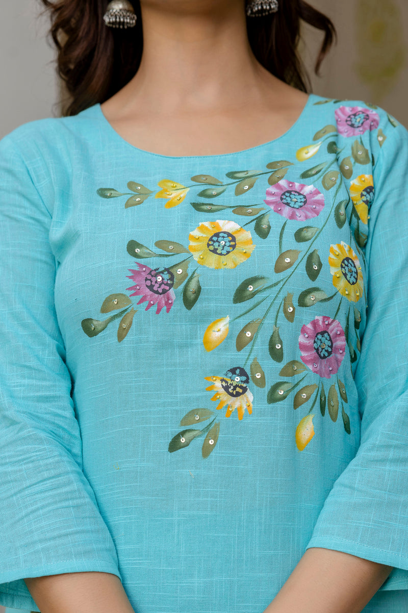 EthniFlair Floral Printed Aari Work Kurta with Pyjamas & Dupatta